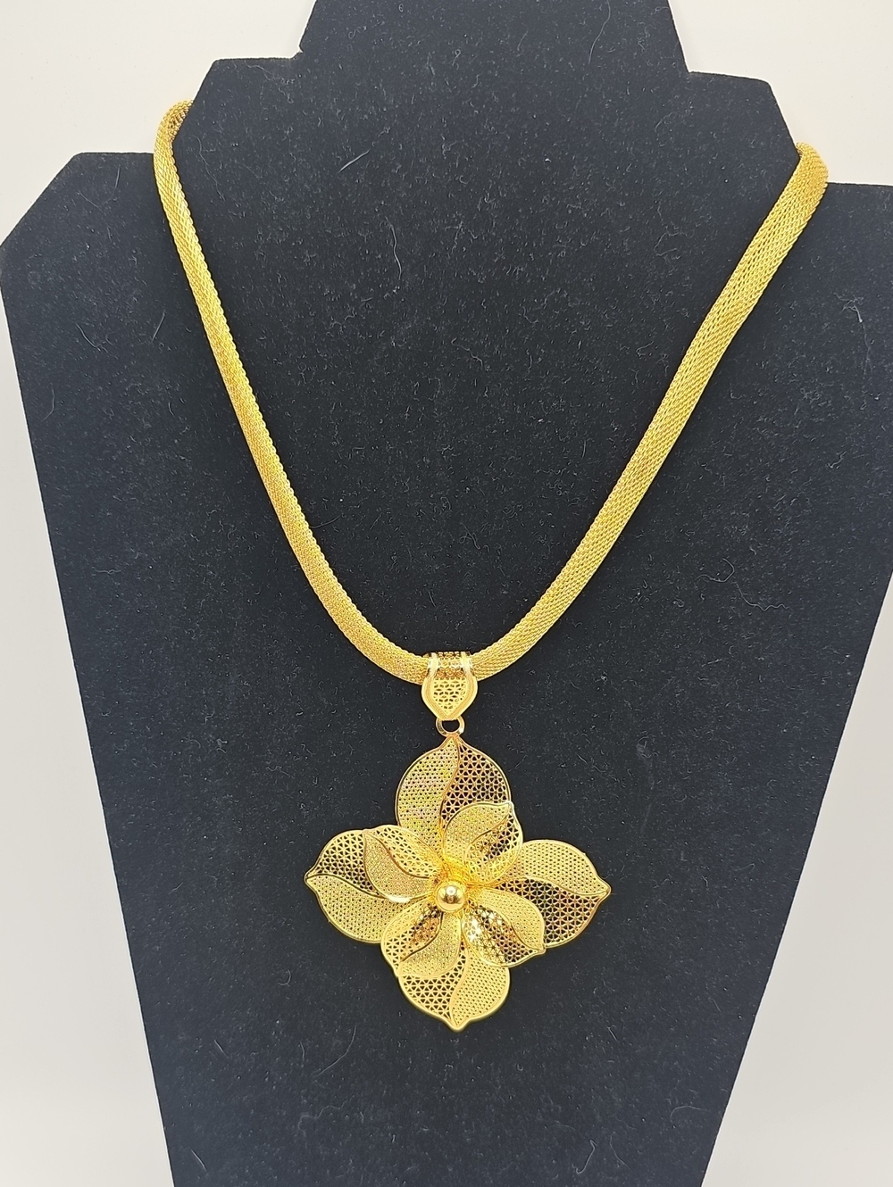 Gold Floral Pendant Necklace With Mesh Chain. - Elegant Women’s Jewelry